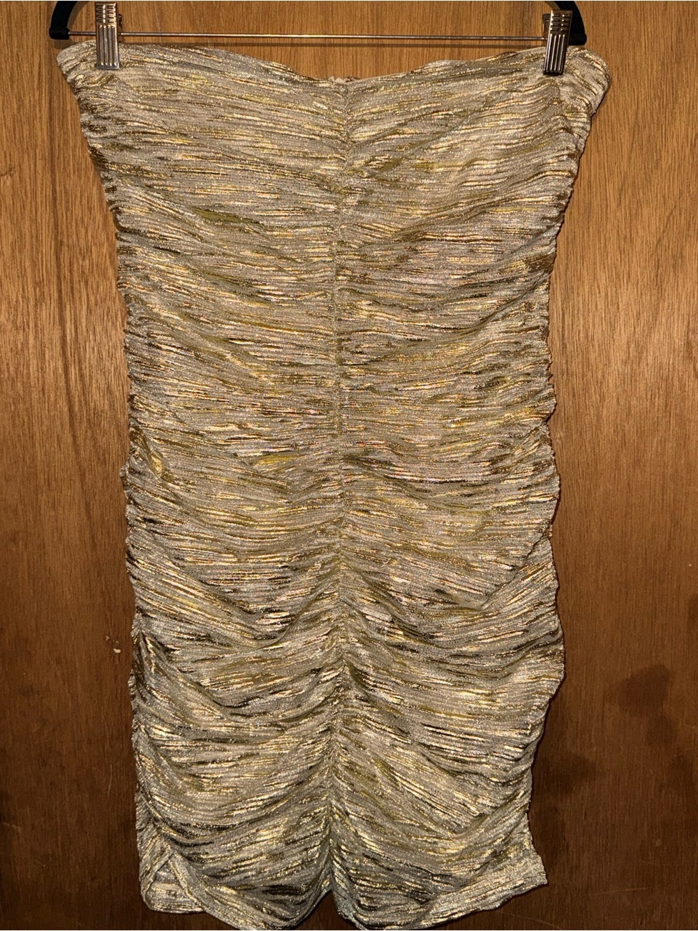 Guess Strapless Ruched Metallic Bodycon Dress in Gold and Silver Tones-Worn once